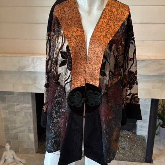 Vintage Spencer Alexis Asian Inspired Black Multi Velvet Burnout Kimono Size XL - Picture 8 of 9